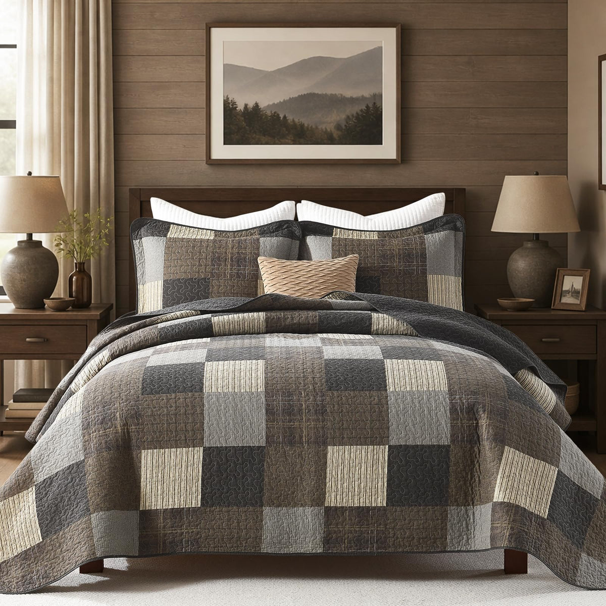 Quilts, Classic Plaid Design, Charcoal/Coffee Brown/Khaki