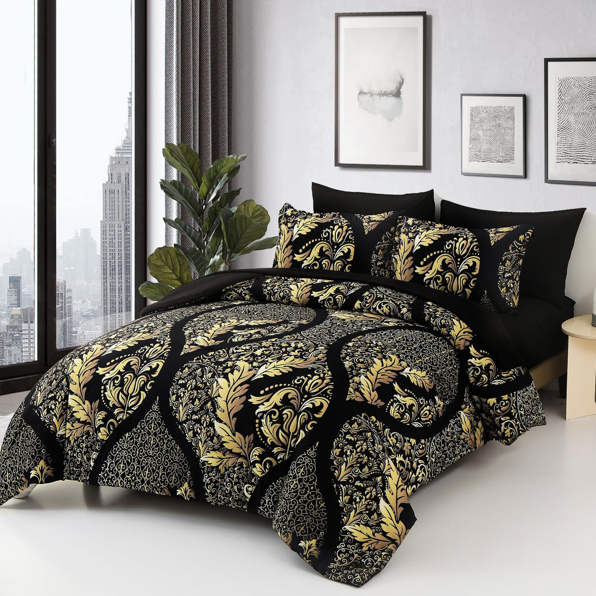 Black Gold Comforter Set Queen Size, 7 Pieces Luxury Bohemian Damask Comforter Set Soft Lightweight Microfiber