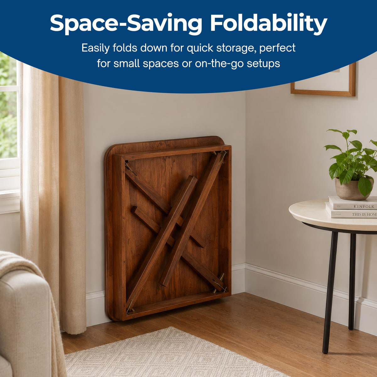 Classic Straight Edge Square Wood Folding Table, 32 in, Cherry