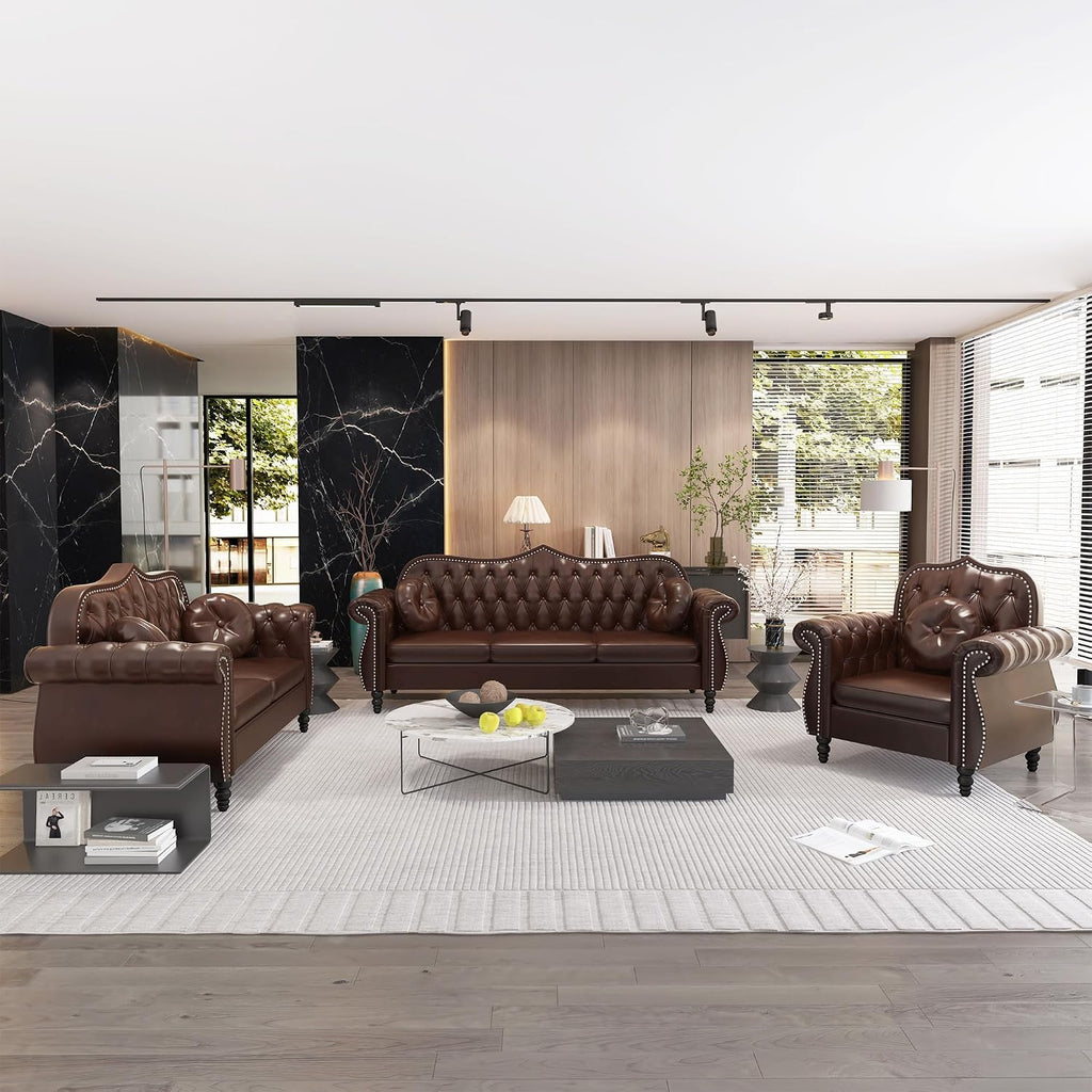 Chesterfield 3-Piece Tufted Faux Leather Living Room Sofa Set — Sofa, Loveseat & Armchair with Nailhead Trim, Brown
