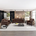 Chesterfield 3-Piece Tufted Faux Leather Living Room Sofa Set — Sofa, Loveseat & Armchair with Nailhead Trim, Brown