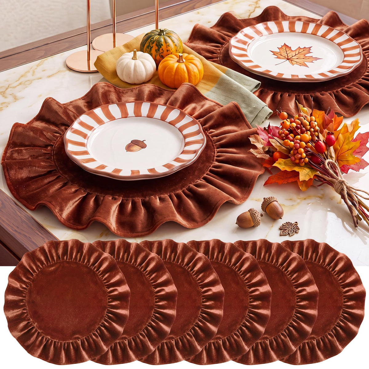 Fall Velvet Round Placemats Set of 6 Terracotta Ruffled Table Mat
