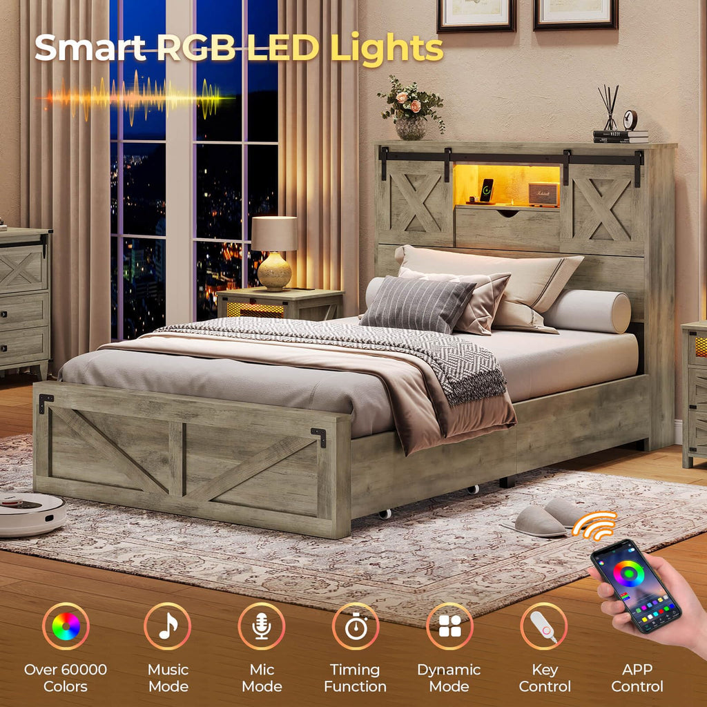 Farmhouse Bed Frame with 2 Storage Drawers, Wooden Platform Bed with LED Lights and Charging Station