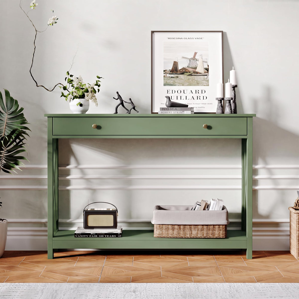 40" Farmhouse Console Table with Drawer and Storage Shelves