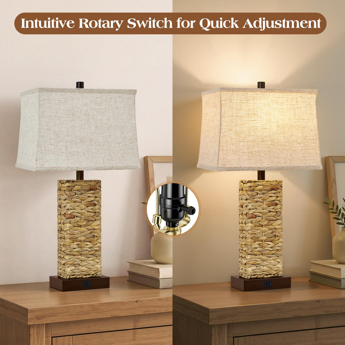 Rattan Table Lamps Set of 2, Bedside Lamps Nightstand