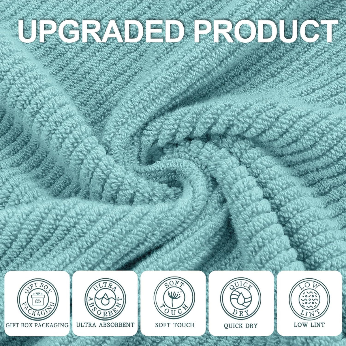 6PC Towel Set, 100% Cotton, Aqua Teal | 2 Bath 30x56 In, 2 Hand 18x28 In, 2 Washcloths 13x13 In, Thick, Soft, Quick