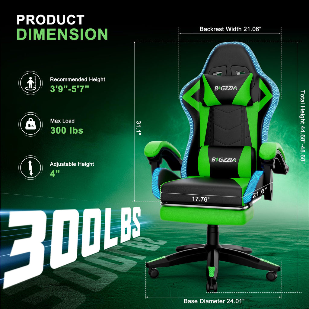 Gaming Chair with Massager & Speakers, LED Gamer Chair, Green