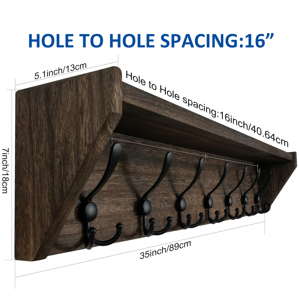 Coat Rack Wall Mount with Shelf, 35" Long Wall Shelf with Hooks Underneath, 7 Triple Hooks, Weathered Brown