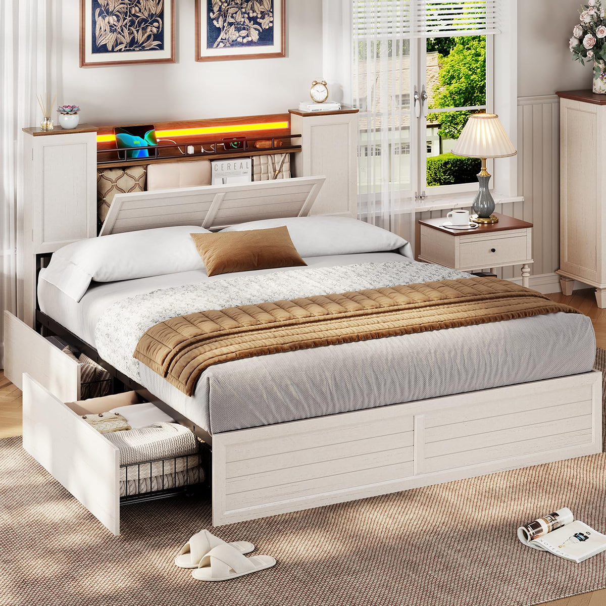Farmhouse Bed Frame with Headboard and Double Barn Door Storage Cabinets, Rustic Wooden Bed Frame
