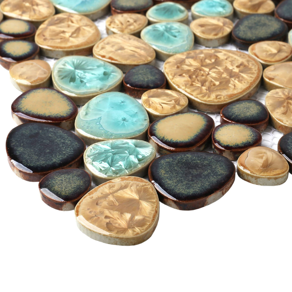 Pebble Porcelain Tile Fambe Turquoise Green Beige Shower Floor Pool Alley Tiles Mosaic TSTGPT005 (5 Square Feet)