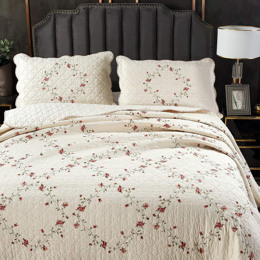 3-Piece Floral Embroidered Bedspread Coverlet Set Oversize 100% Cotton Reversible Patchwork 1 Quilt and 2