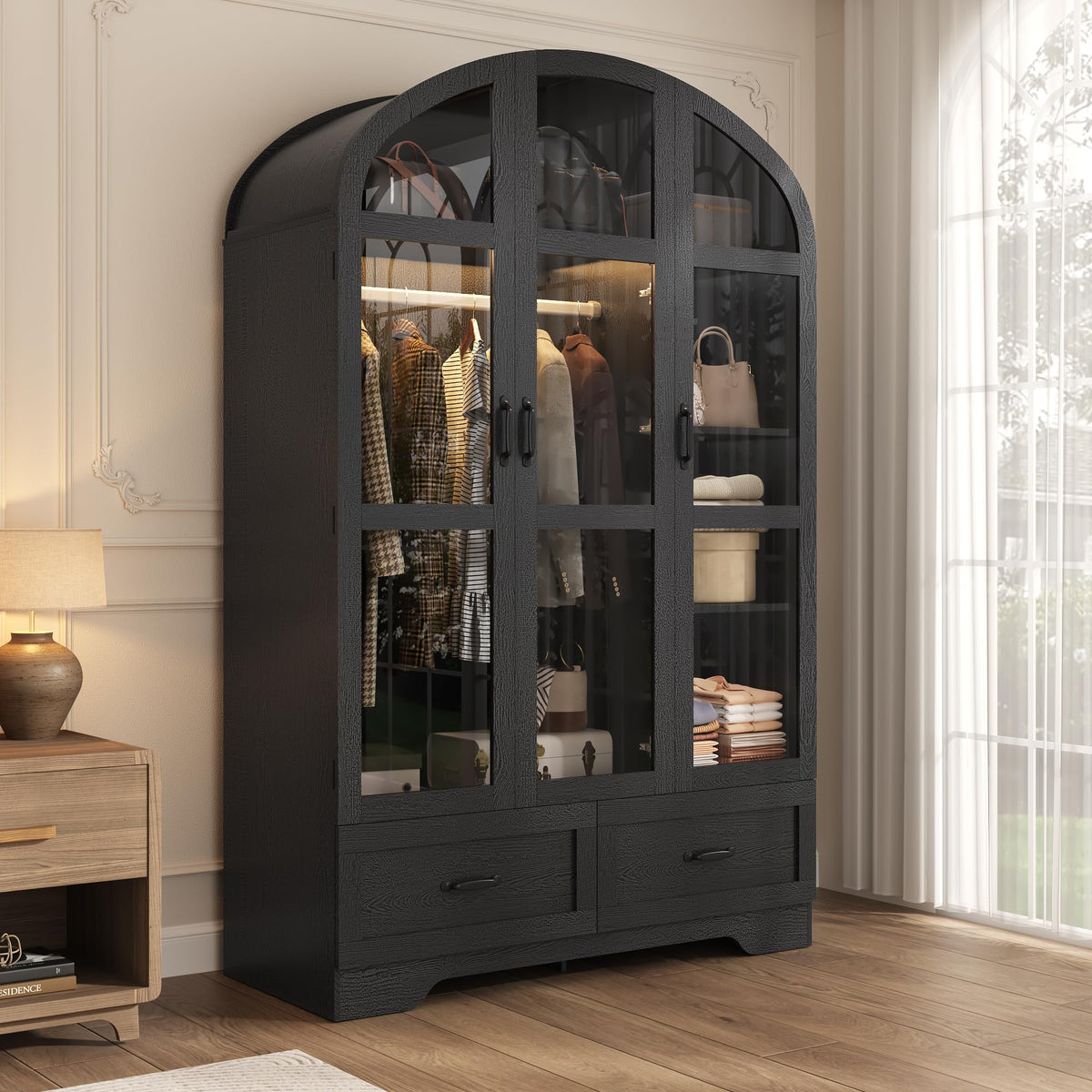 75"Arched Wardrobe Closet with 3 Doors, Bedroom Armoire with LED & Drawers