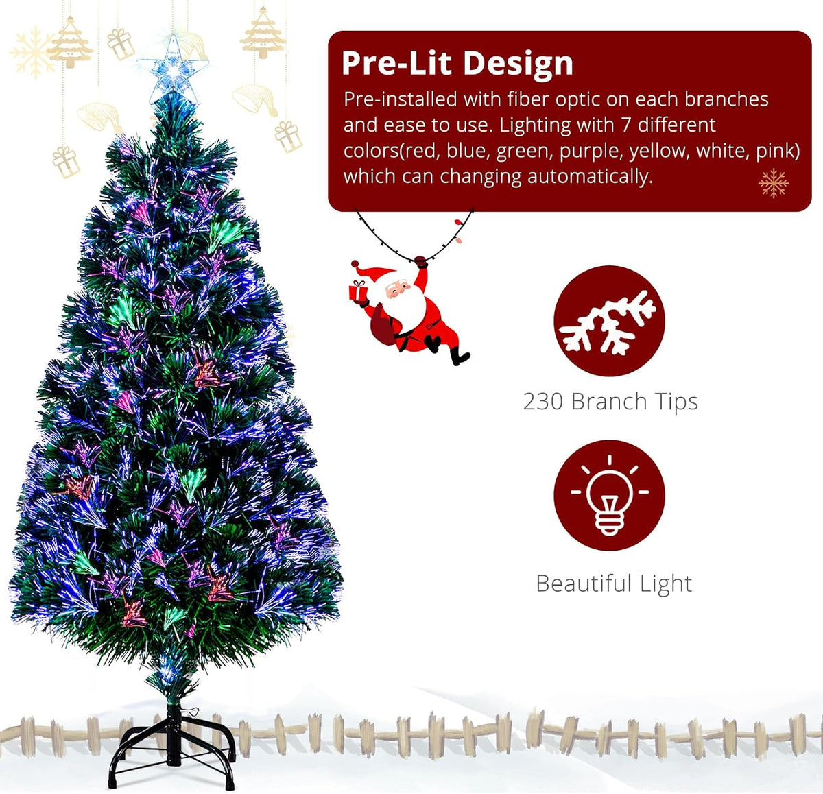 6ft Pre-lit Fiber Optic Artificial Christmas Tree w/Multicolor LED Lights, Snowflakes & Top Star, Lighted Xmas Tree