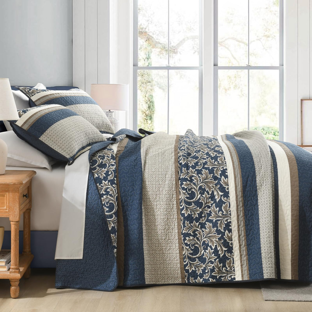 100% Cotton Quilt Set - Striped Quilted Comforter, Patchwork Botanical Quilt Bedspread, Modern