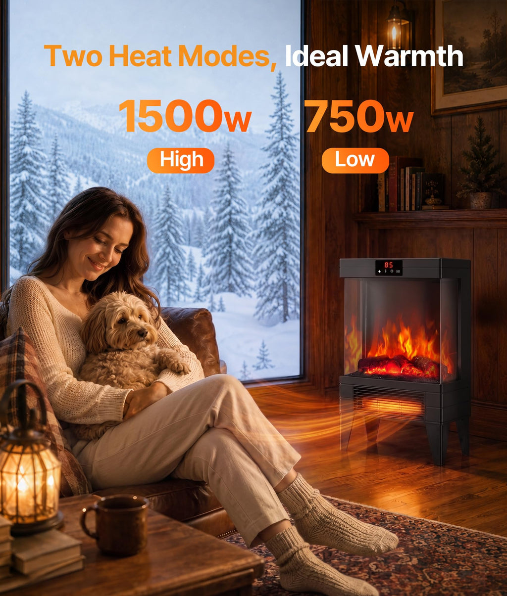 Electric Fireplace Stove Heater with Dual Heat & 3D Flame, 1500W