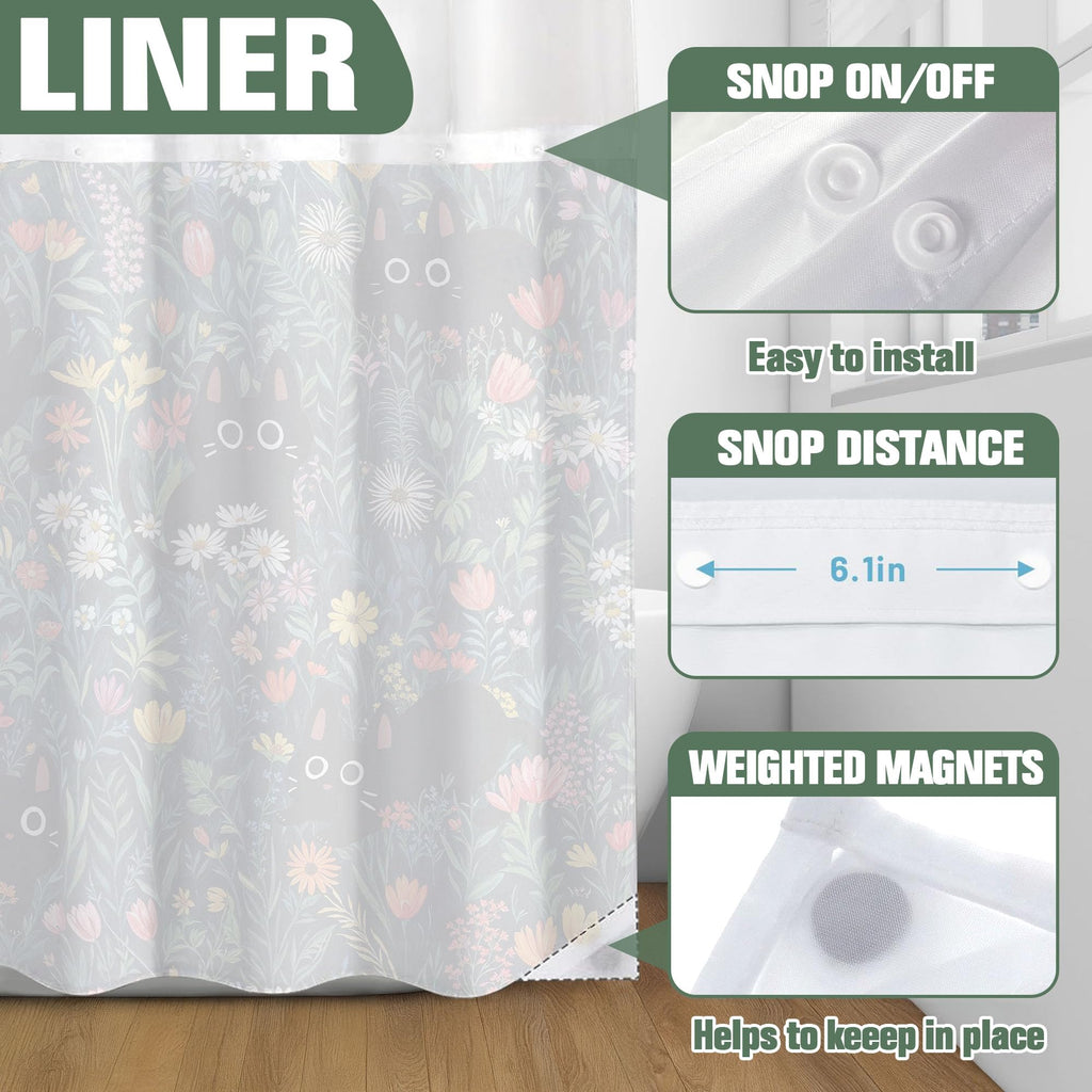 No Hook Shower Curtain with Snap in Liner Funny Black Cats Boho Floral Daisy Flower Shower Curtains Fun Kitten Animal