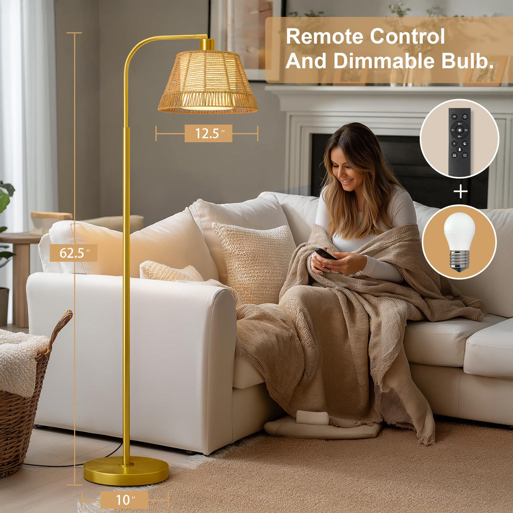 Arc Floor Lamp with 3 Color Temperatures, Farmhouse Floor Lamps with Remote & Dimmable Bulb, Rattan Boho Floor Lamp