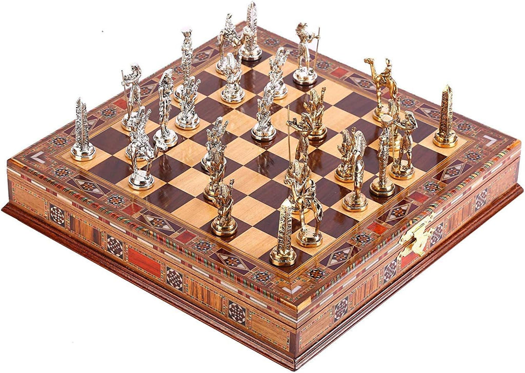 Historical Egypt Pharaoh Figures Metal Chess Set for Adults, Handmade Pieces and Natural Solid Wooden Chess Board