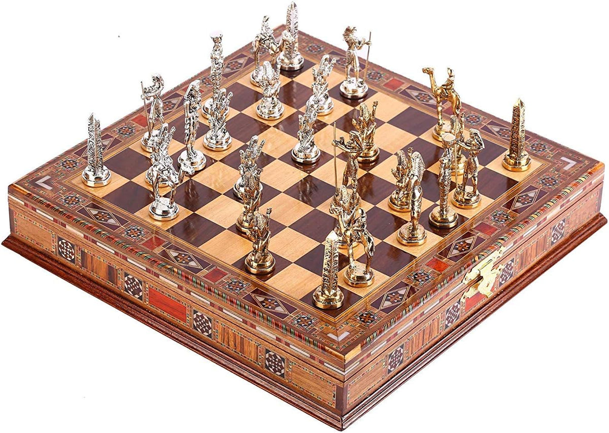 Historical Egypt Pharaoh Figures Metal Chess Set for Adults, Handmade Pieces and Natural Solid Wooden Chess Board