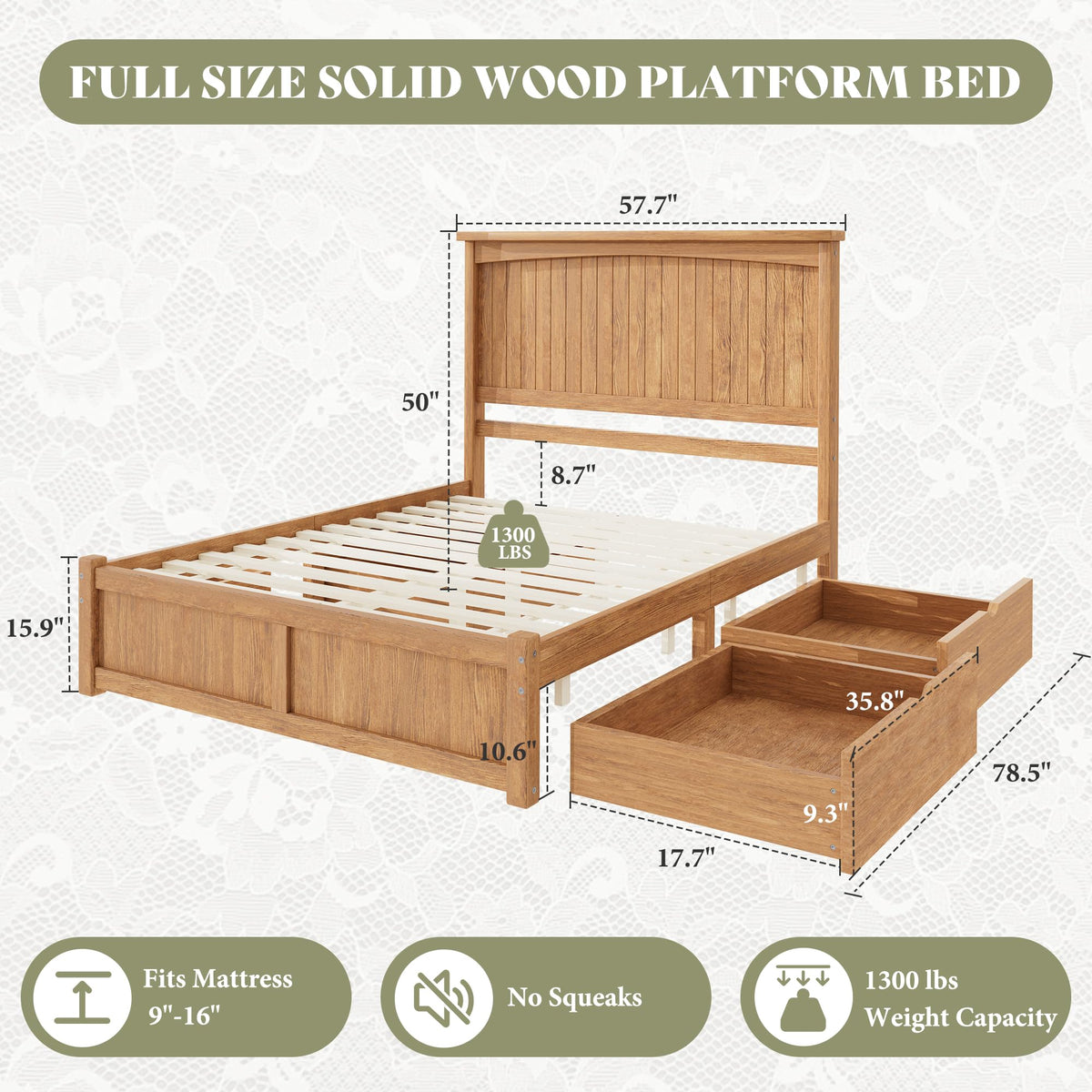 Solid Wood Full Storage Bed Frame with 2 Drawers, Brown