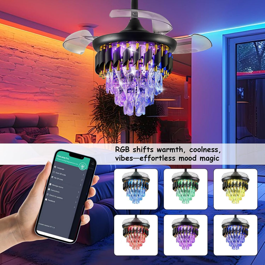 30" Black Crystal Retractable Ceiling Fan with Light