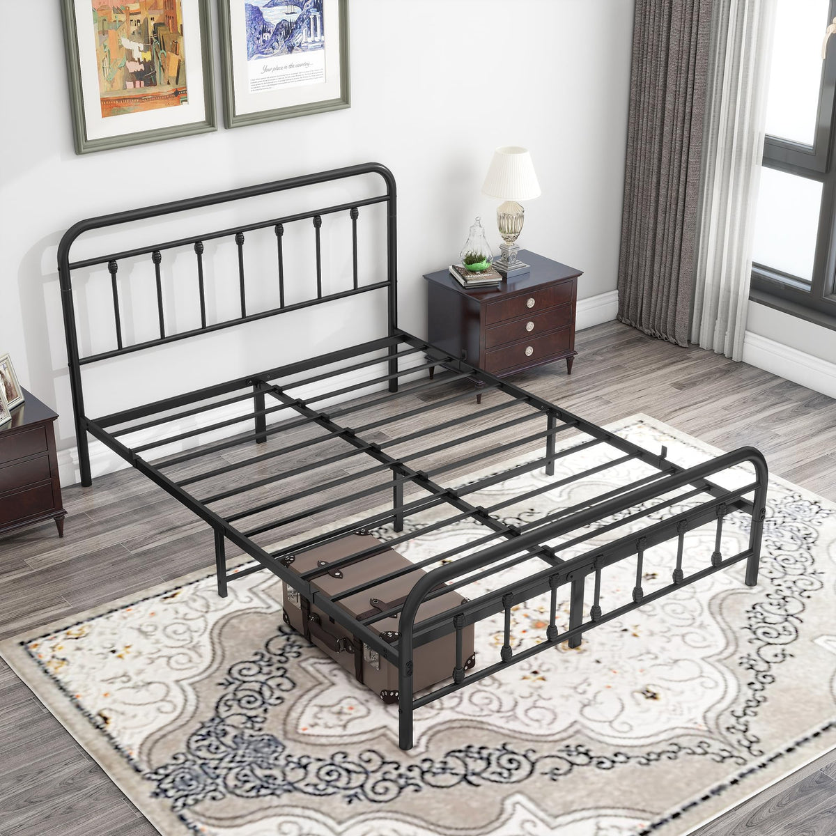 Metal Bed Frame with Headboard and Footboard Farmhouse Platform Bed Frame Under Bed Storage No Box