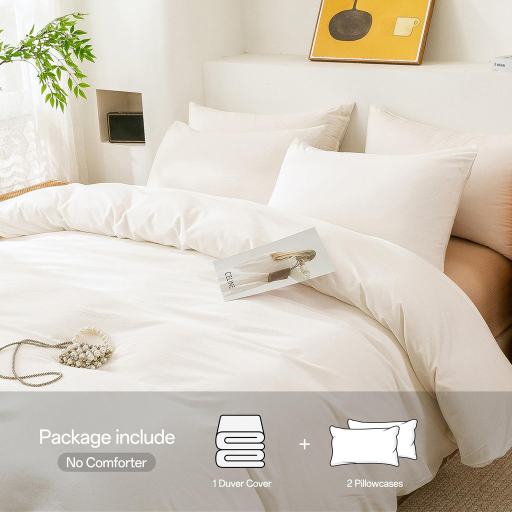 Cotton 3 Pcs Duvet Cover Set Linen Feel White Twin