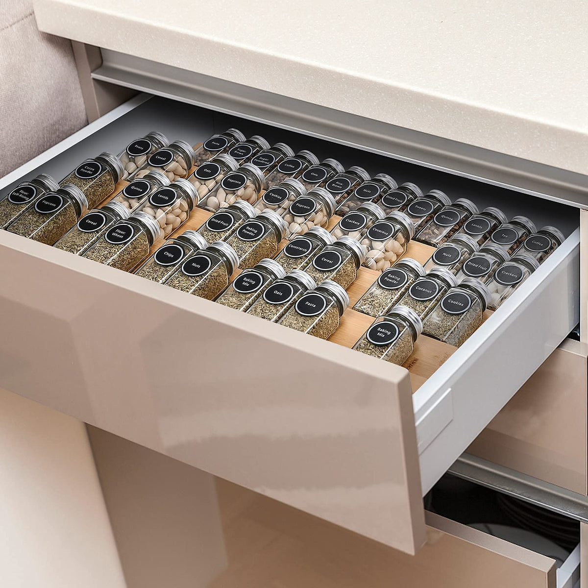 Bamboo Spice Rack Tray - Spice Drawer Organizer Cabinets Storage and Organization (Jars Not Included, 8 Individual