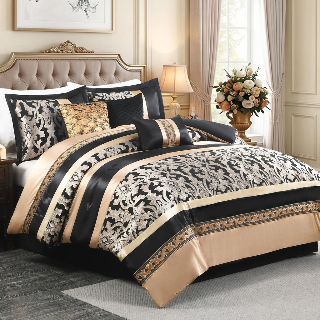 Black Gold Comforter Set, Luxury Jacquard, 7-Piece