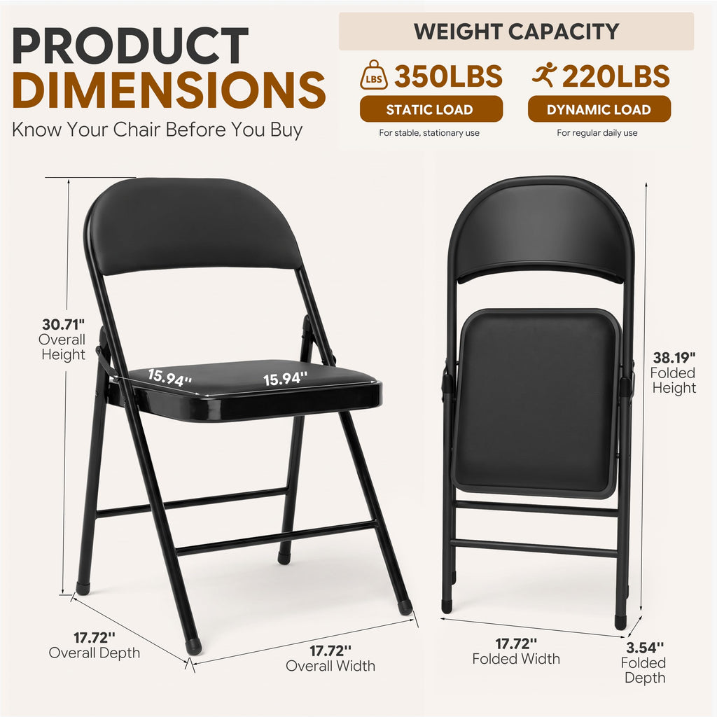 4 Pack Black Padded Folding Chairs with Metal Frame