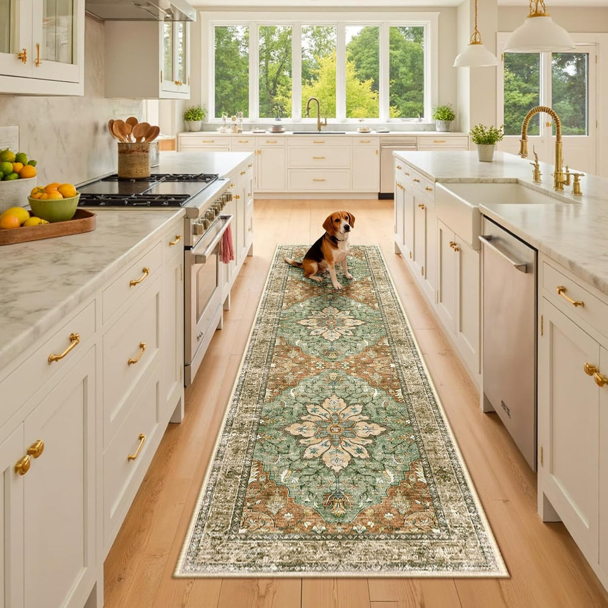 Washable Area Rug, Runner 2'x8', Brick/Brown/Green