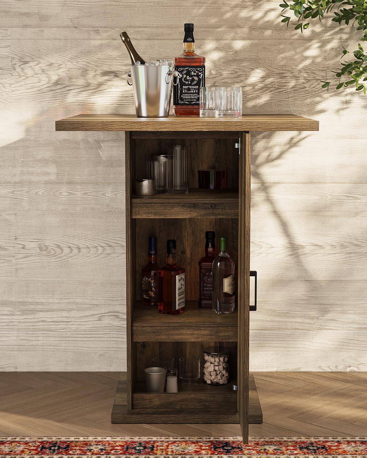 Bar Table with Storage Cabinet, 39.4" H Square High Top Pub Table, Wood Bistro Cocktail Table, Farmhouse Design with