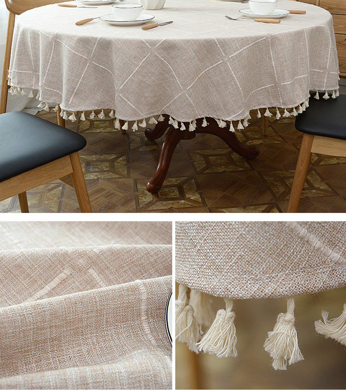 Heavy Weight Cotton Linen Tablecloth, Plaid Tassel Round Table Cover Dining Room Tabletop Decorations, Round - 70"