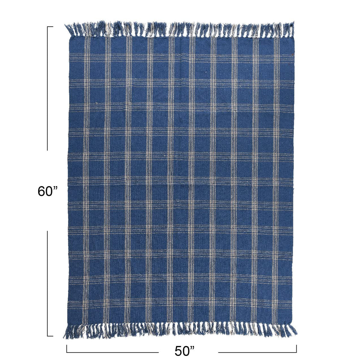 Recycled Cotton Blend Throw Blanket with Fringe, Blue Plaid