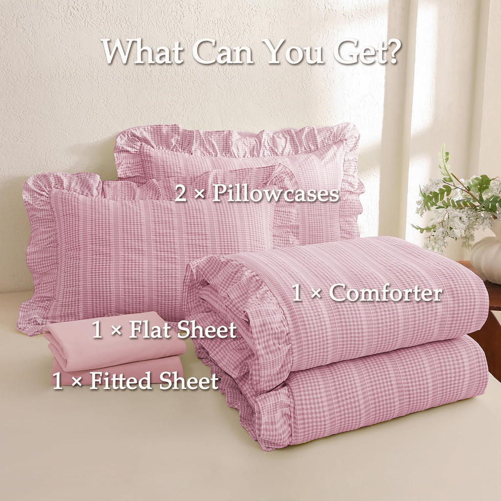 Gingham Comforter Set Pink Seersucker Ruffle Bedding Set