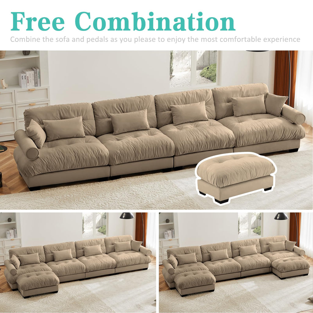 166" Sectional Couches, L Shaped Sofa Couch with Velvet Fabric, 4 Seat Modern Sofa with Ottoman, Removable Pillows