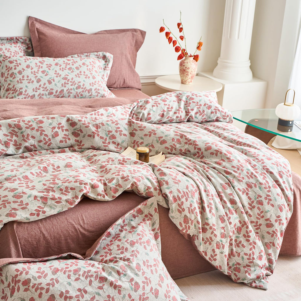 100% Washed Cotton Duvet Cover Set Vintage Red Floral Jacquard Texture Comforter Cover with 2 Pillowcases Boho