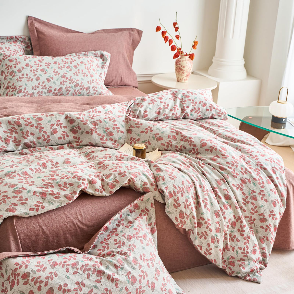 100% Washed Cotton Duvet Cover Set Vintage Red Floral Jacquard Texture Comforter Cover with 2 Pillowcases Boho