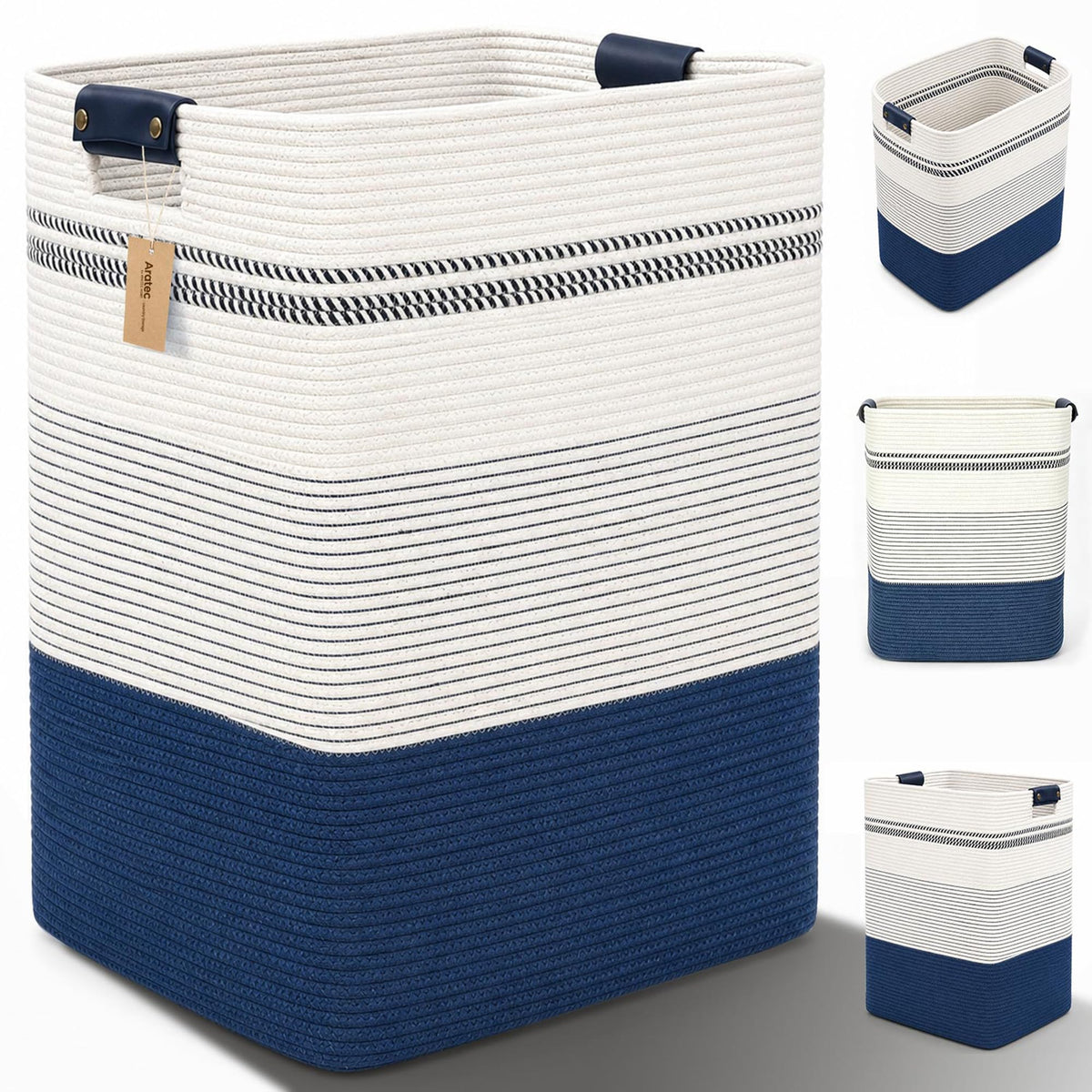 Laundry Hamper, Cotton Rope Laundry Basket with Leather Handles, 25.1-Gallon/95 L Large Clothes Hampers for Laundry
