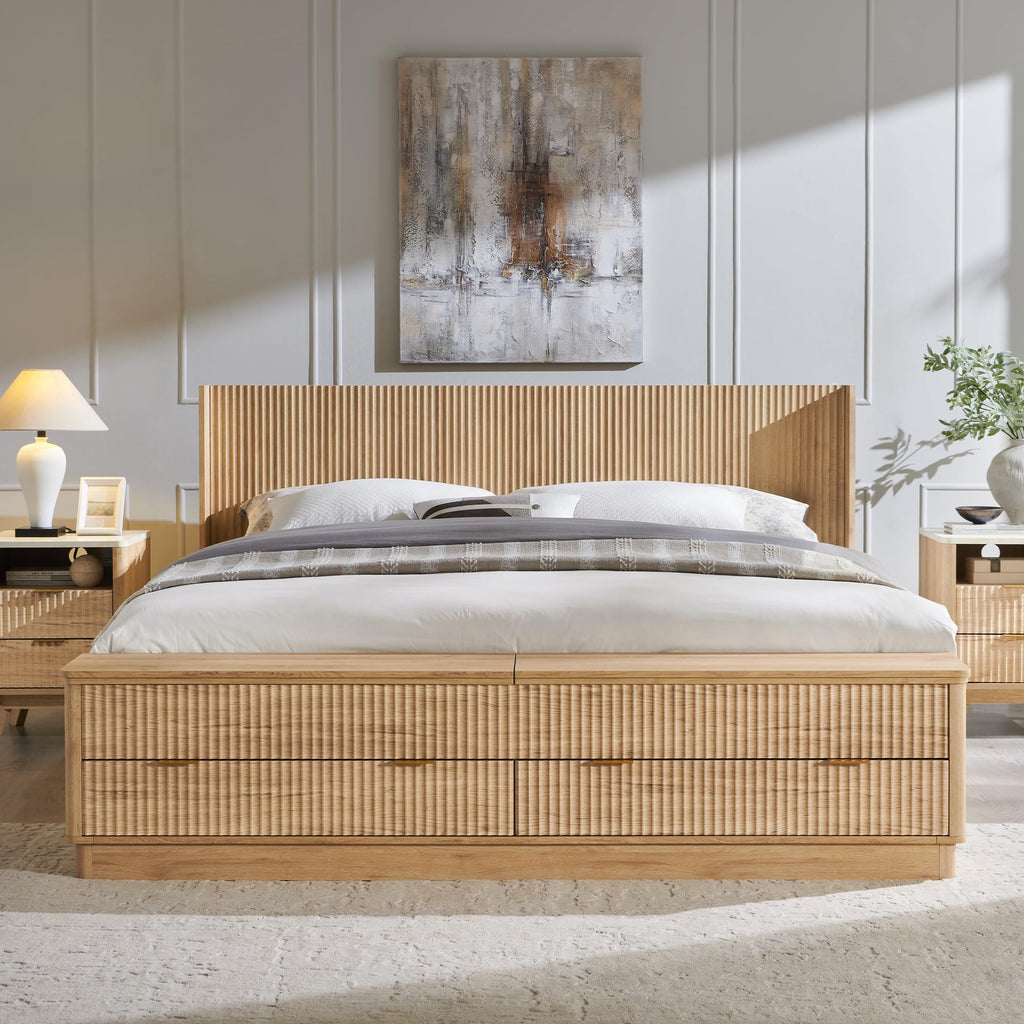 Fluted King Bed with Headboard and Storage Bench, Natural Oak