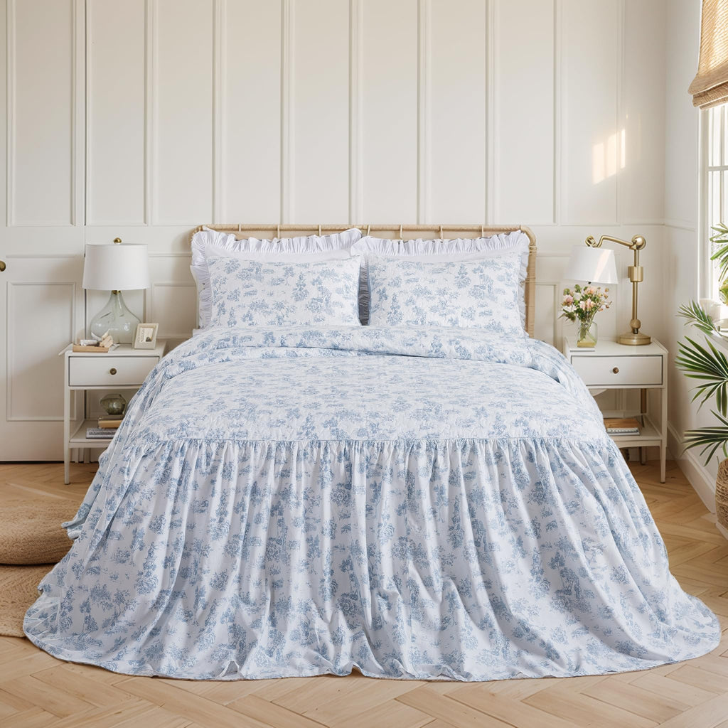 French Country Toile Cotton Bedspread Set Luxury Oversized Blue Toile Bedding, 3-Piece (Bedspread + 2 Quilted Shams)