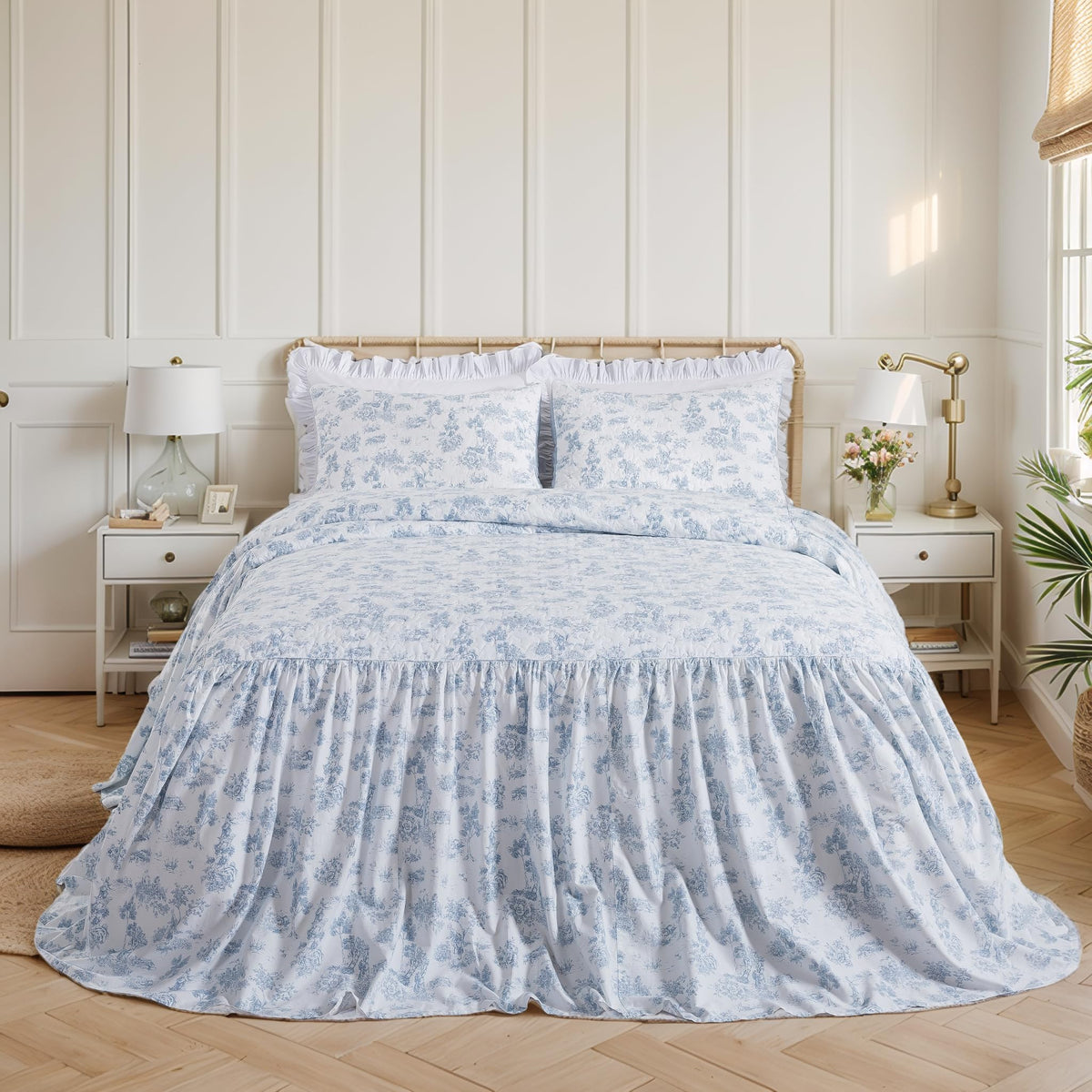 French Country Toile Cotton Bedspread Set Luxury Oversized Blue Toile Bedding, 3-Piece (Bedspread + 2 Quilted Shams)
