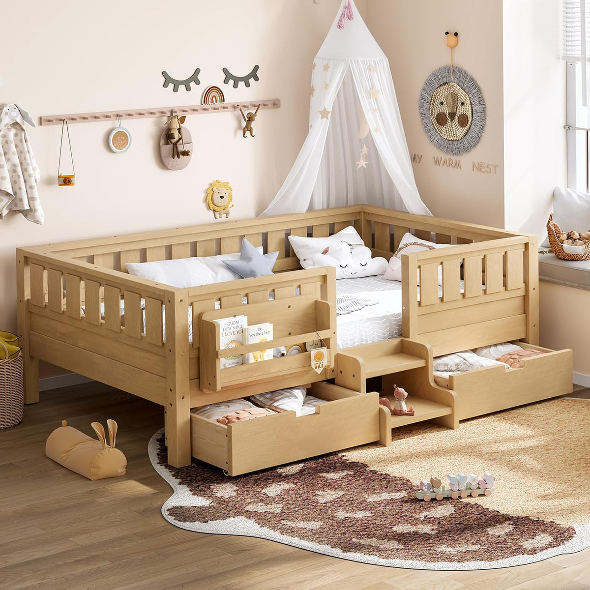 Twin Floor Bed with Stairs, Rails and Slats, Twin Size Montessori Floor Bed with Bookshelf and 2 Storage Drawers