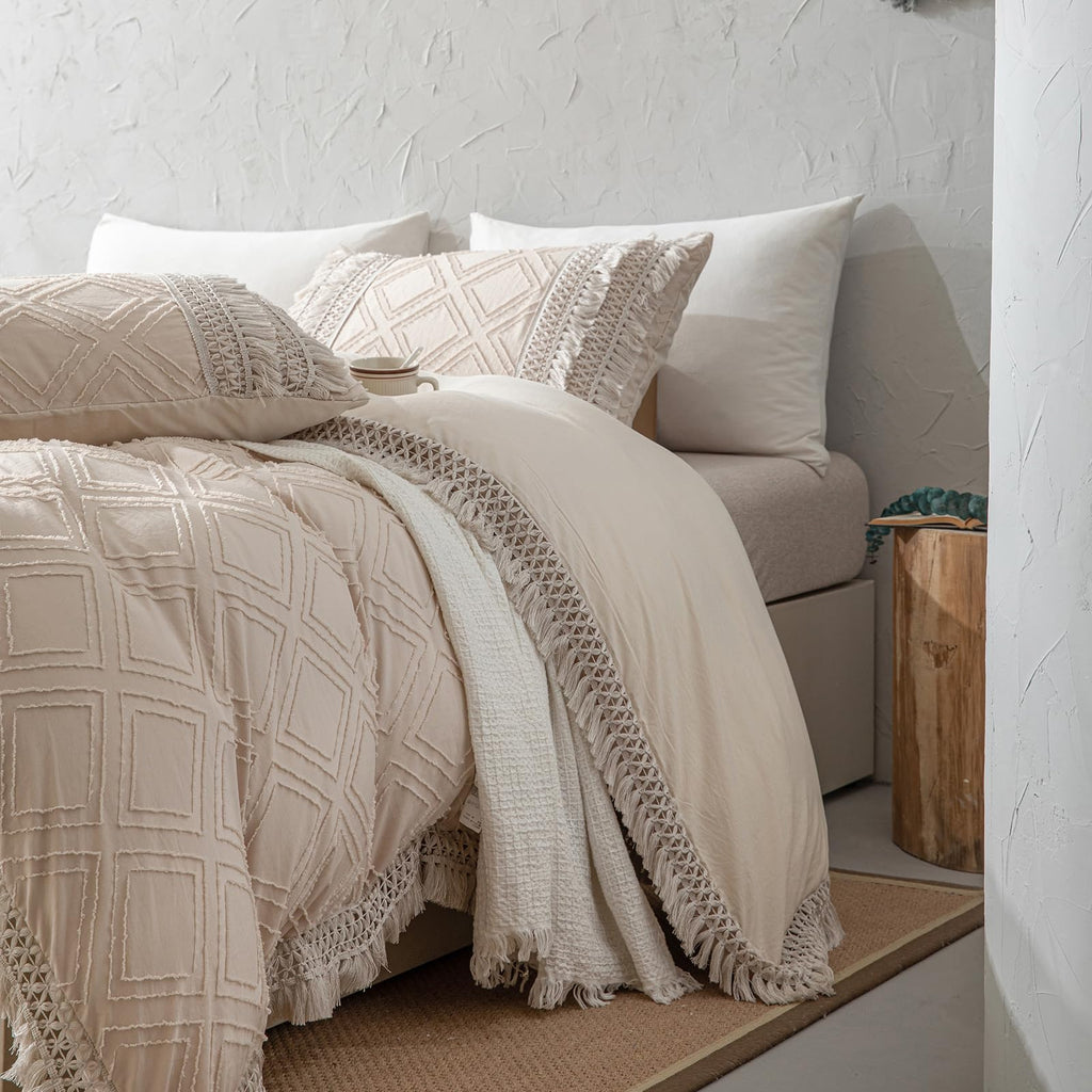 Boho Tufted Bedding Sets, Beige Cream Queen Duvet Cover Set 3 Pieces, Embroidery Jacquard Design Shabby Chic