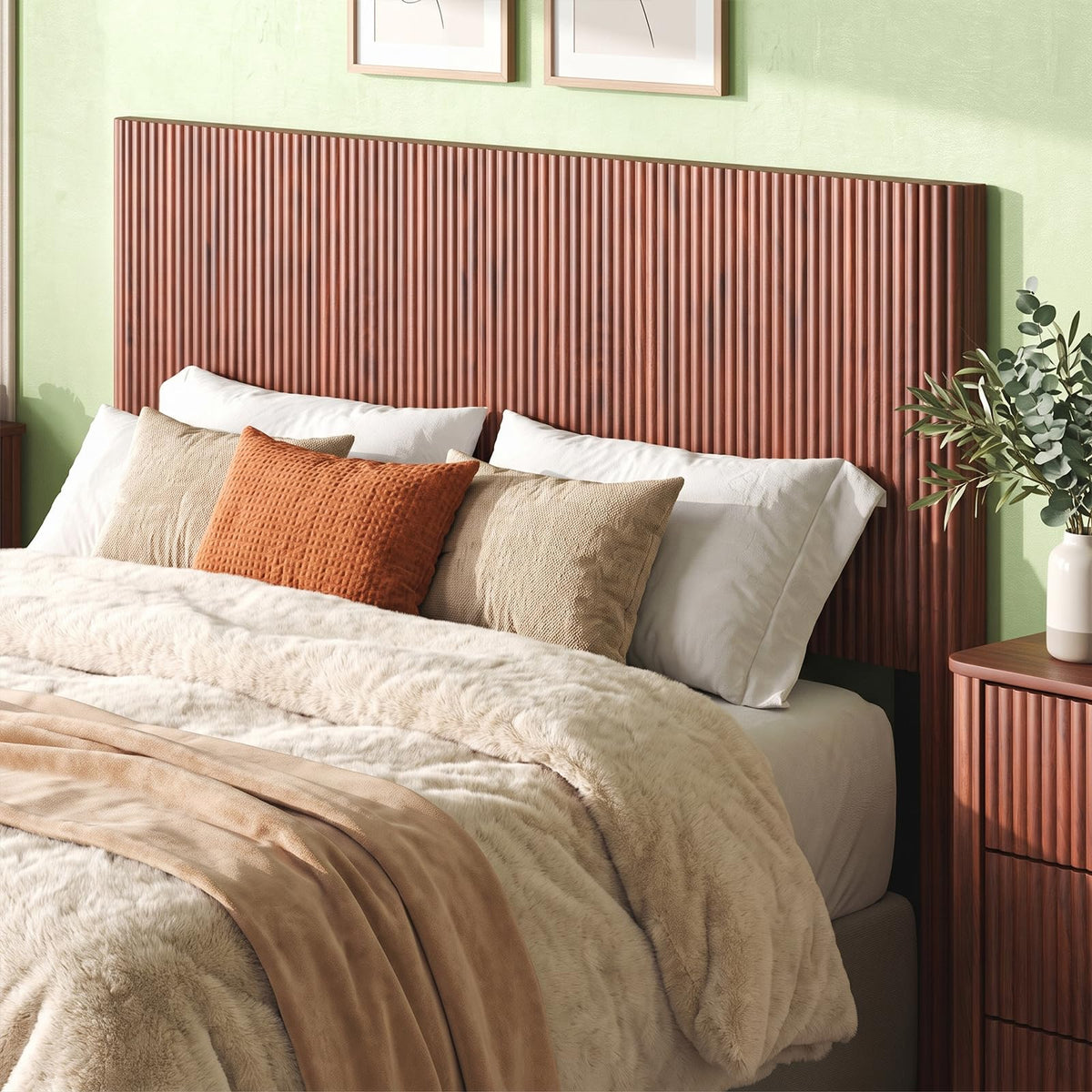 65.4'' Fluted Headboard Queen, Wooden Queen Headboard Only, Modern Farmhouse & Vintage Fluted Panel, Walnut