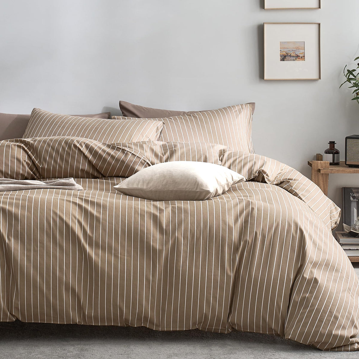 100% Cotton Brown Vertical Stripe Duvet Cover Set