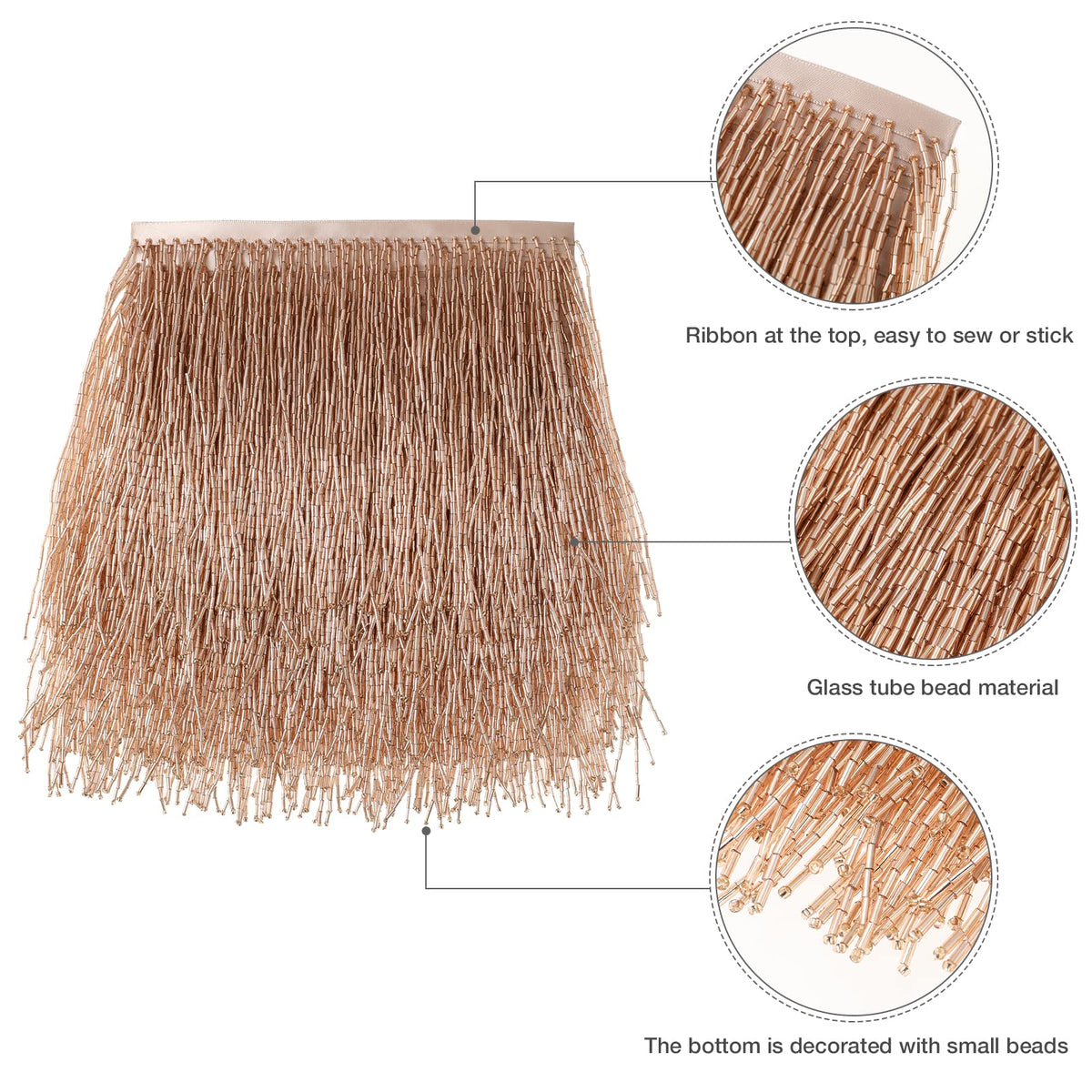 Beaded Fringe Trim - 6in Wide Glass Beaded Fringe for Dress Clothing and DIY Crafts (Champangne) - 1 Yard