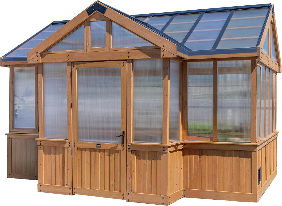 Discovery Savannah Chalet-Style 14.5' x 12' Cedar and Polycarbonate Walk-In Greenhouse Kit with Sink, Exhaust Fans