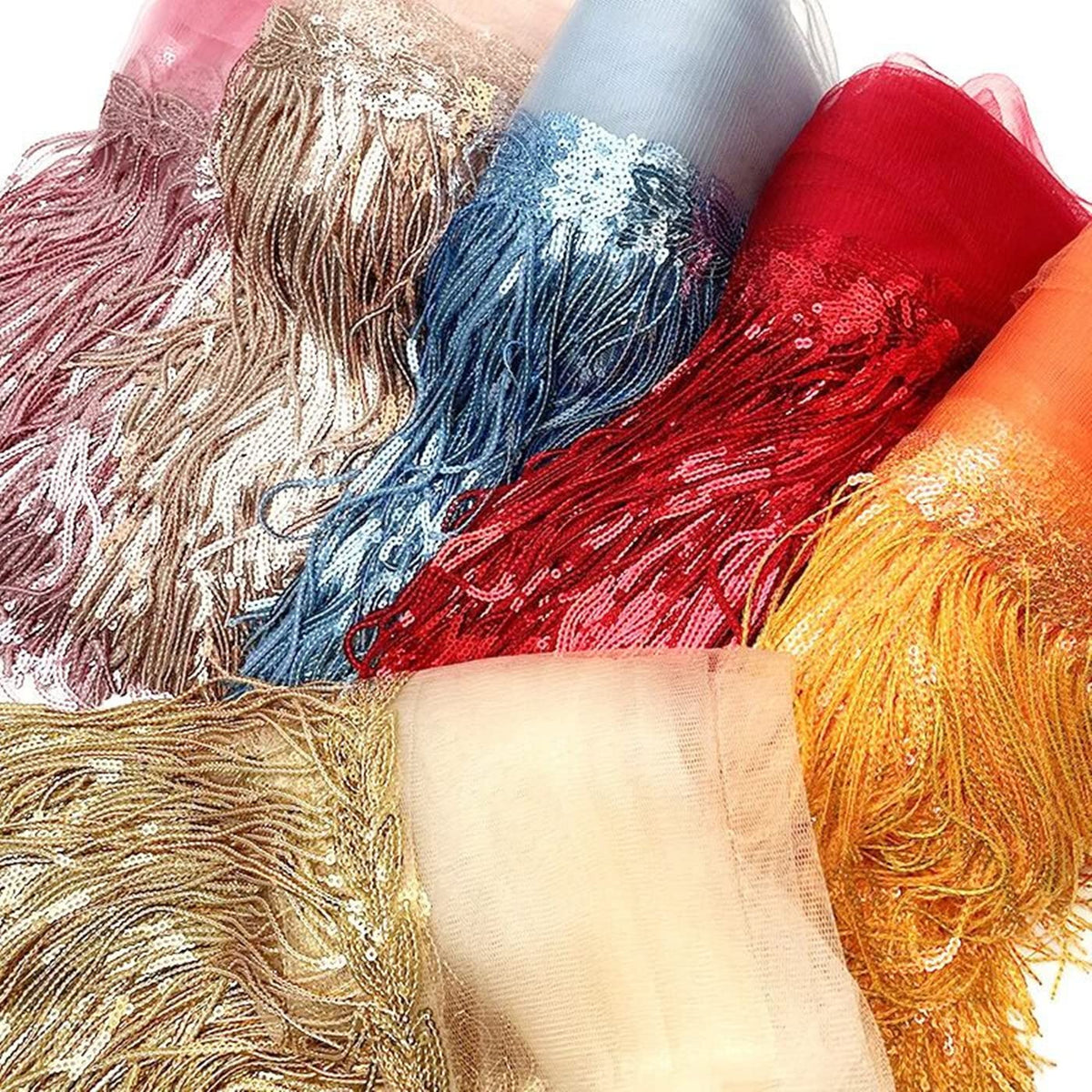 Sparkly Sequined Tassel Ribbon Sequins Fringe Trim Spangle Paillette Lace Fabric for Upholstery Sewing - 10 Yards