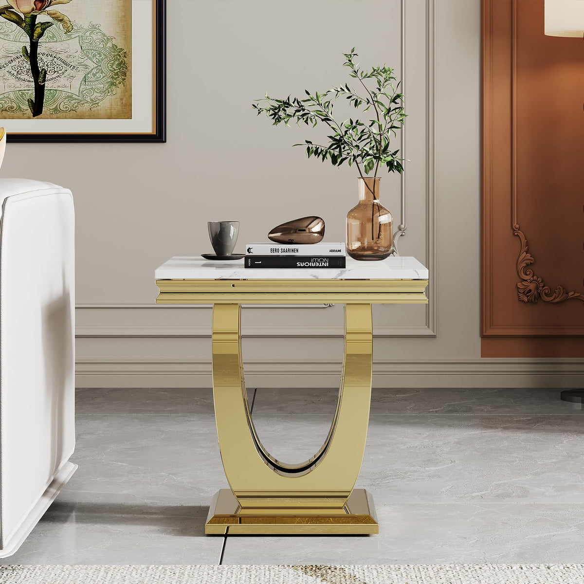 Inspired Saarinen Style Marble Luxury Gold Side Table with Geometric U-Shape Stainless Steel Pedestal Modern Square Sofa Side Table White